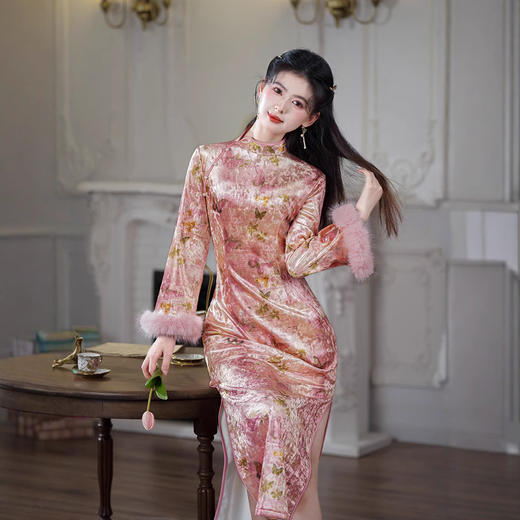 冬款丝绒复合超柔大袖旗袍TMY7941 商品图1