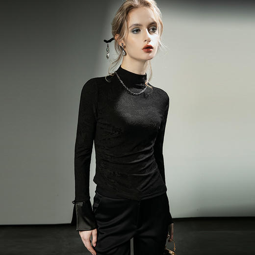 国风刺绣提花秋冬黑色新中式气质内搭小衫F20245312 商品图3