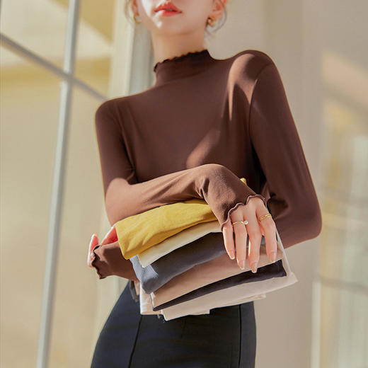 「买1送1！49.9到手两件」秋冬新款木耳边打底衫 女T桖秋冬新款椰油面膜衣内搭修身上衣长袖 商品图0