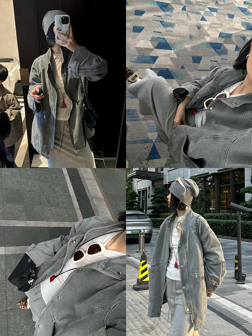 HIDEMI 多重水洗复古牛仔拉链立领式大口袋飞行员中长款大廓形夹克外套 水洗灰/碳黑色 商品图5