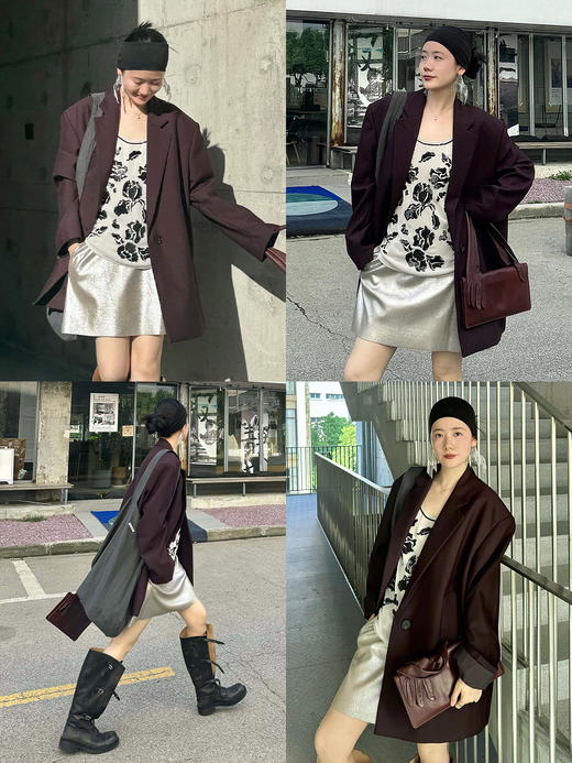 HIDEMI 极简设计感甄选斜纹精纺羊毛挺括感立体剪裁翻领式宽肩宽松西装套装 黑色/勃艮第红 西装/烟管长裤 商品图2