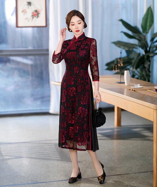 中国风植绒奥黛长款立领复古旗袍QMR 商品图2