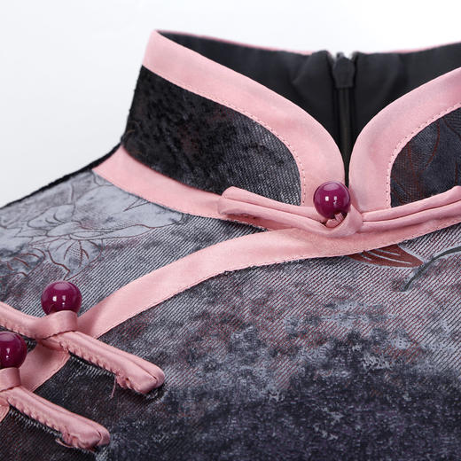 PH807斯尔丽24秋冬新款改良版弹力丝绒拼色镶边斜门襟气质款宴会连衣裙 商品图1