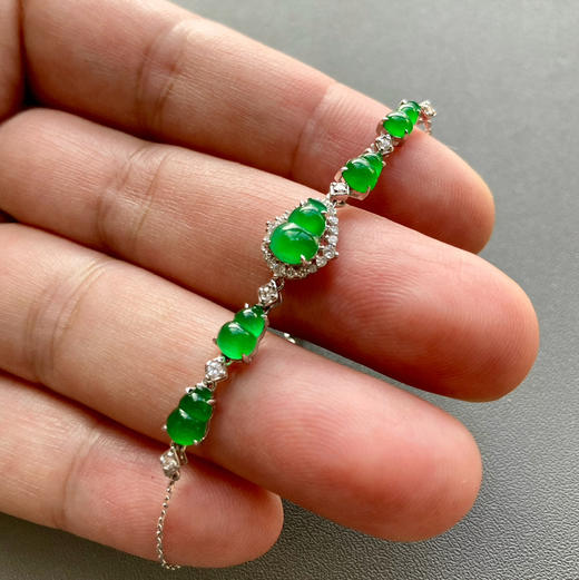 冰种阳绿翡翠葫芦手链18k白金钻石镶嵌 商品图7