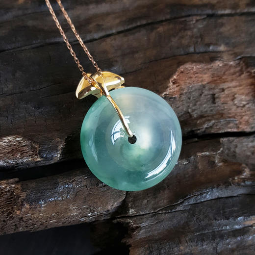 【天然正品】A货翡翠AU750精品黄金镶天然冰种飘花平安扣翡翠（吉祥、如意）吊坠项链中性现售价：7280！281024XY10 商品图6