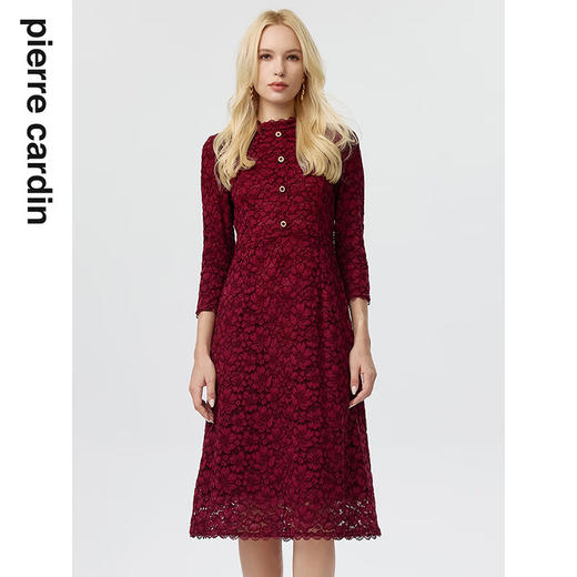 皮尔卡丹女装连衣裙蕾丝酒红色花边领宴会A摆轻礼服P3323E3863T0
 商品图0