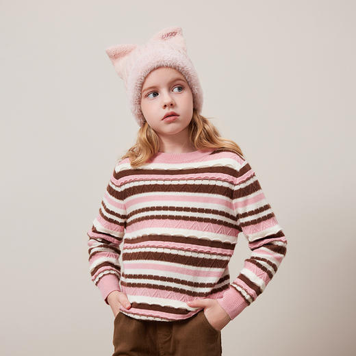 mettekids儿童100%羊绒衫2024秋冬新款女童百搭条纹毛衣针织童装 商品图1