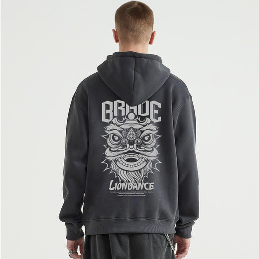 自由基地国潮舞狮潮流插画印花落肩款宽松秋冬抓绒卫衣男女情侣款 NMT-2196 商品图1