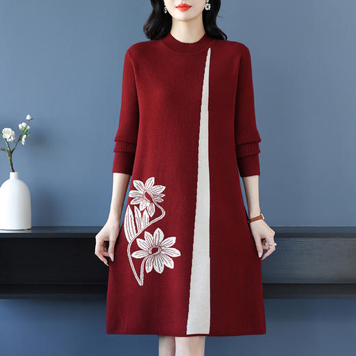 CC-16-9207秋冬过膝连衣裙子女大码妈妈中长款打底上衣宽松遮肚子针织衫 商品图0