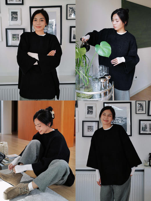 HIDEMI 圆领大廓形落肩加厚款进口强缩混纺羊毛8分袖毛织针织上衣 摩卡色/黑色/烟灰色/藏蓝色 商品图2