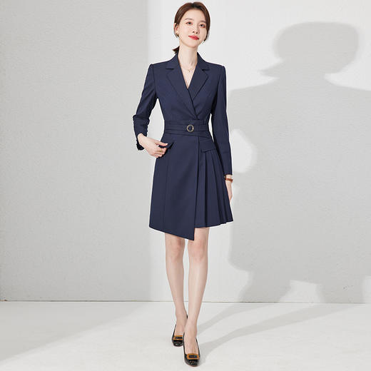 IWY/藏青色长袖平驳领连衣裙压褶拼接气质*时尚售楼部招待工装22C237 商品图0