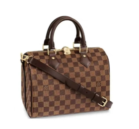 LOUIS VUITTON Speedy 25 棋盘格肩带款 牛皮拼帆布 枕头包单肩斜挎手提包  女款 棕褐色