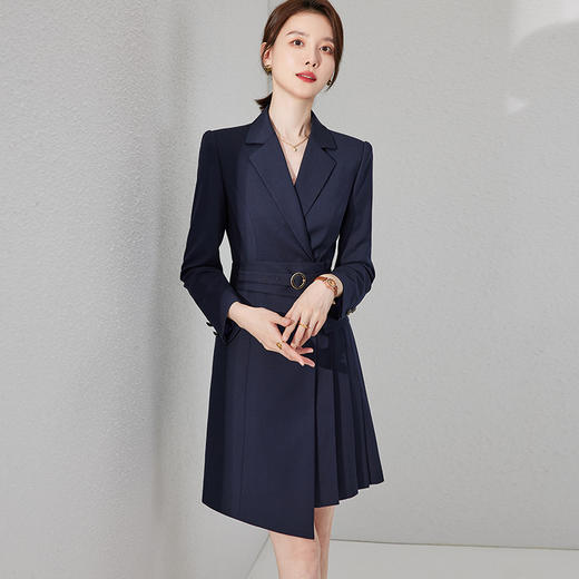 IWY/藏青色长袖平驳领连衣裙压褶拼接气质*时尚售楼部招待工装22C237 商品图4