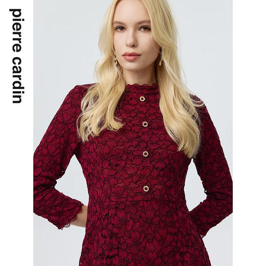 皮尔卡丹女装连衣裙蕾丝酒红色花边领宴会A摆轻礼服P3323E3863T0
 商品图4