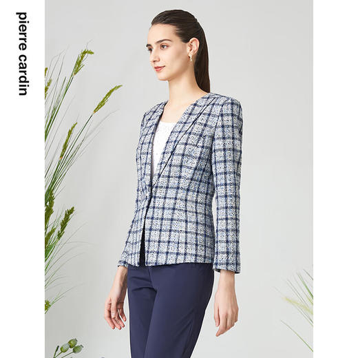 皮尔卡丹女装短外套蓝色格子一粒扣西服式春秋女上衣P3111U3059L3
 商品图1