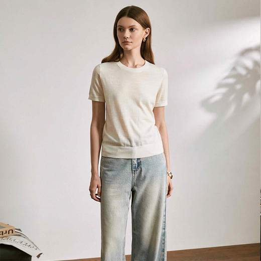 【顺丰包邮】13613 洛诗琳美利奴羊毛正肩针织短袖女0077 商品图1