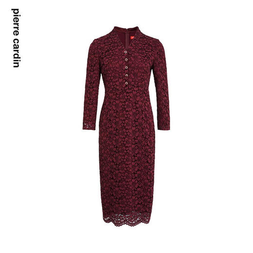 皮尔卡丹女装连衣裙酒红蕾丝优雅复古修身A字裙P2323E2881T0
 商品图4