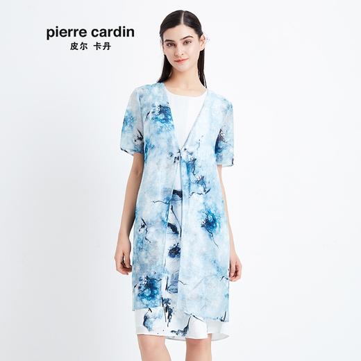 皮尔卡丹女装季新款短袖浅蓝色风衣外套气质时尚中长款开衫
 商品图0