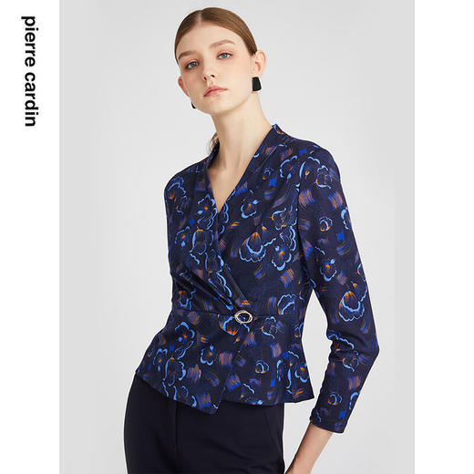 皮尔卡丹女装衬衫时尚优雅蓝花色羊毛外穿内搭上衣P2428B2975L3
 商品图3