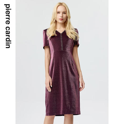 皮尔卡丹女装连衣裙紫色短袖镶钻亮闪闪中长款一步裙P3241D3107Z0
 商品图1