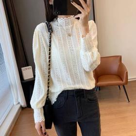 名媛美半高领花瓣打底衫 小灯笼荷叶袖美妙衫