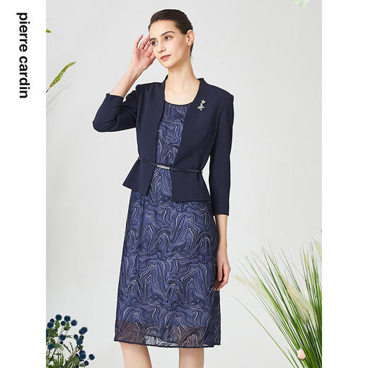 皮尔卡丹女装春季新款藏蓝色假两件法式连衣裙P3121E3047N0
 商品图3