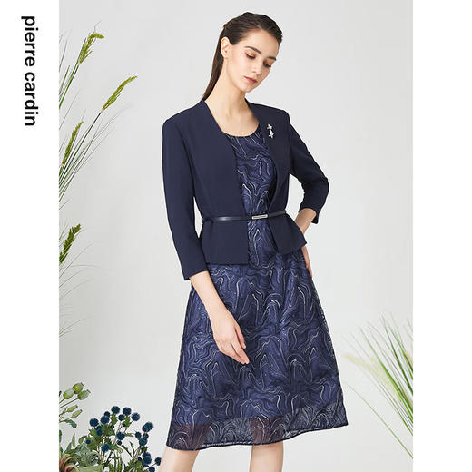 皮尔卡丹女装春季新款藏蓝色假两件法式连衣裙P3121E3047N0
 商品图1