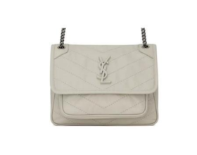 SAINT LAURENT圣罗兰 YSL Niki Logo标识复古褶皱链条 小牛皮 流浪包斜挎单肩包 迷你女款 白色