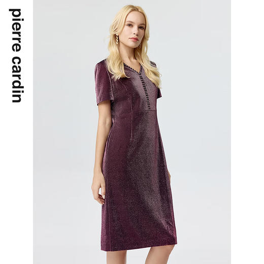 皮尔卡丹女装连衣裙紫色短袖镶钻亮闪闪中长款一步裙P3241D3107Z0
 商品图3