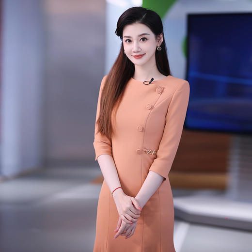 IWY/橘色气质收腰鱼尾裙正装女2024七分袖上镜主持职业长裙连衣Q1180 商品图0