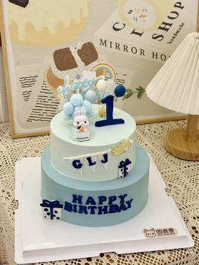 1岁生日蛋糕 蓝色主题双层 