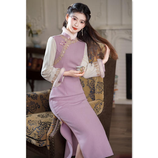 时尚改良雪尼尔，拼接双袖长款旗袍GX-907945 商品图3