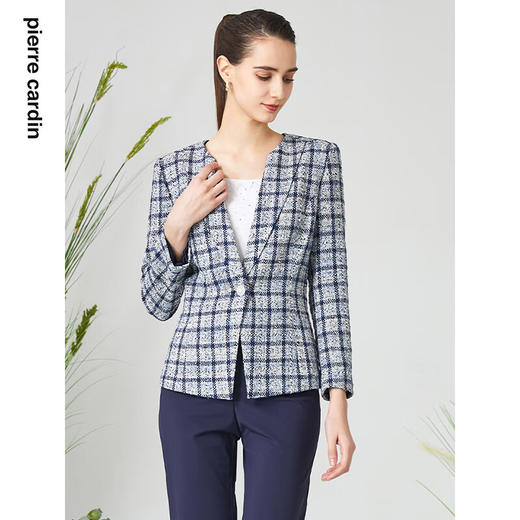 皮尔卡丹女装短外套蓝色格子一粒扣西服式春秋女上衣P3111U3059L3
 商品图3