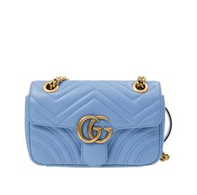 "GUCCI古驰 GG Marmont系列 金标Logo翻盖绗缝 皮革 链条包手提斜挎单肩 包 迷你 女款 蓝色 "