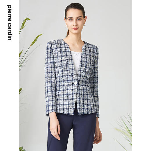 皮尔卡丹女装短外套蓝色格子一粒扣西服式春秋女上衣P3111U3059L3
 商品图0