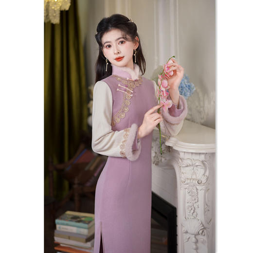 时尚改良雪尼尔，拼接双袖长款旗袍GX-907945 商品图2