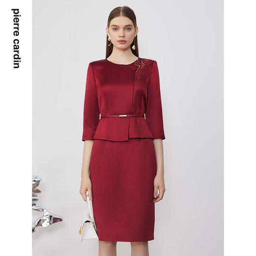 皮尔卡丹女装连衣裙红色假两件醋酸高级感礼服裙P3300E3823T0
 商品图0