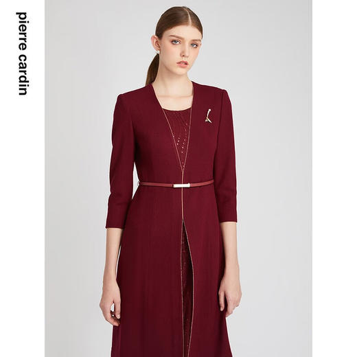 皮尔卡丹女装连衣裙红色收腰显瘦假两件商务羊毛裙P2318E2969T0 商品图1