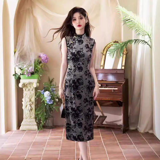 2024秋冬新款无袖双层扎染弹力中长水墨画中国风修身旗袍YT2860 商品图0