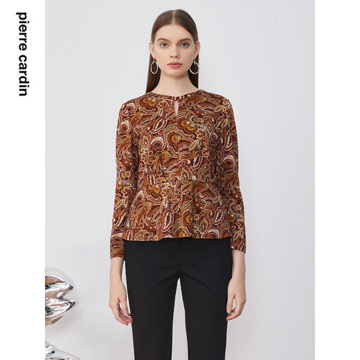 皮尔卡丹女装衬衫长袖复古印花羊毛打底通勤套头衫P3428B3980K3
 商品图0