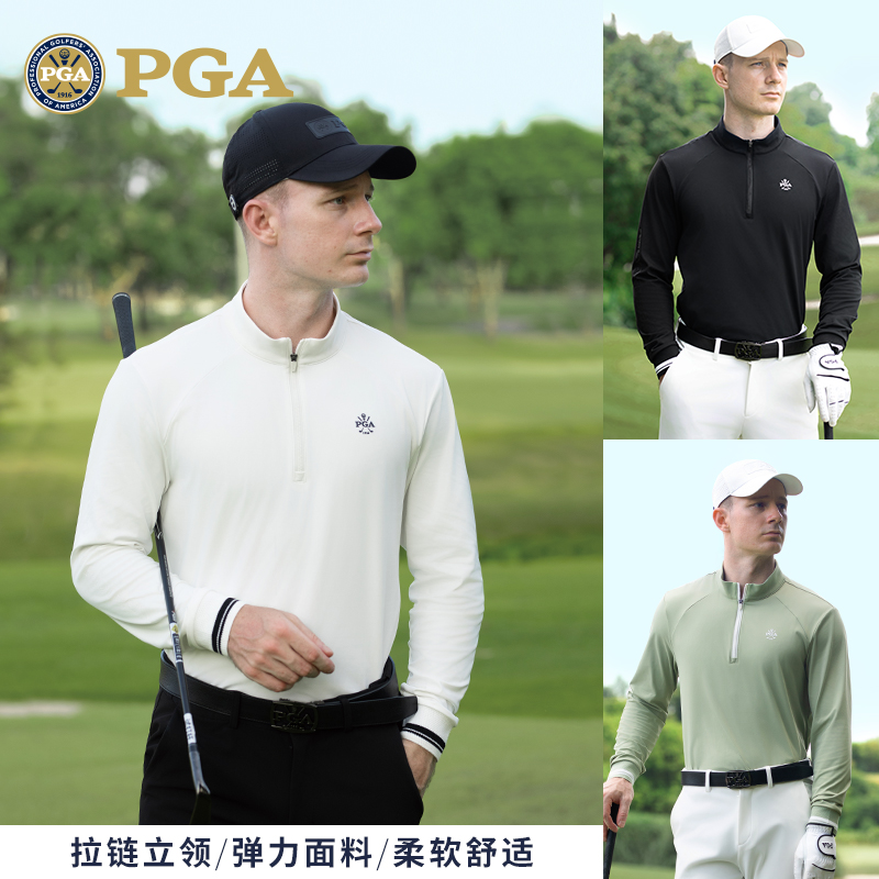 美国PGA 高尔夫男装长袖T恤秋冬季运动上衣保暖柔软弹力POLO衫