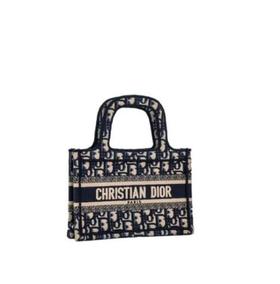 DIOR迪奥 BookTote 手工刺绣老花满印 帆布 托特包Tote包购物袋手提包 迷你 女款 牛仔蓝色/米色