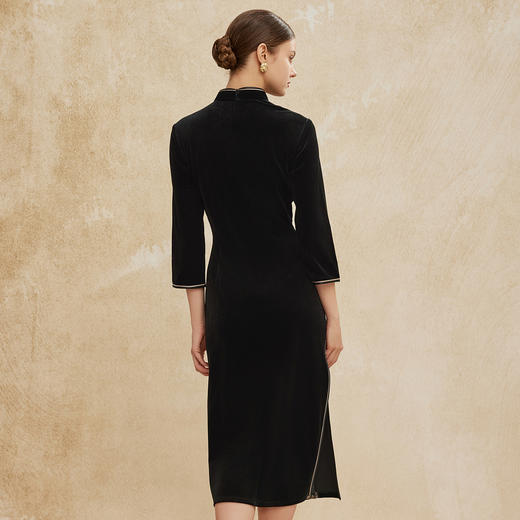 PH805斯尔丽24新款弹力丝绒拼丝绒印花出芽包边宴会气质佳长袖连衣裙 商品图1