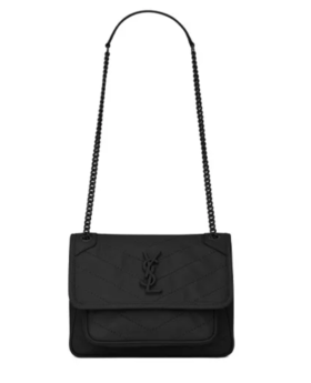SAINT LAURENT圣罗兰 YSL Niki Baby系列 黑标Lo9o复古褶皱银链 小牛皮拼皮革 流浪包斜挎单肩包 迷你女款 黑色