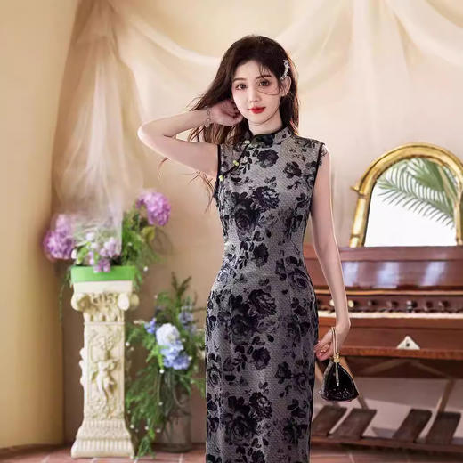 2024秋冬新款无袖双层扎染弹力中长水墨画中国风修身旗袍YT2860 商品图2
