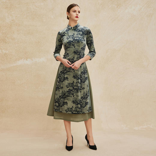 PH806斯尔丽24新款改良版丝绒印花旗袍高开叉拼飘逸雪纺气质高雅连衣裙 商品图3