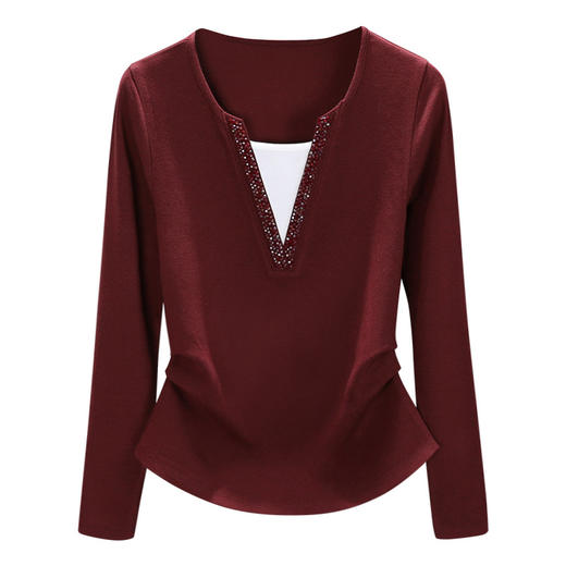 丁摩 品质安可拉红色系女士假两件打底衫优雅叠穿内搭女钉珠上衣4ZF-R6843 商品图4