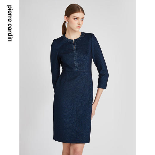 皮尔卡丹女装连衣裙法式圆领秋冬优雅蓝色通勤一步裙P2400E2861L0
 商品图3