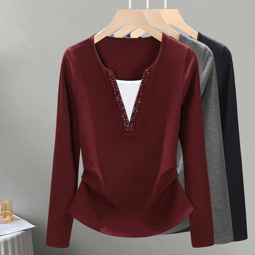 丁摩 品质安可拉红色系女士假两件打底衫优雅叠穿内搭女钉珠上衣4ZF-R6843 商品图7