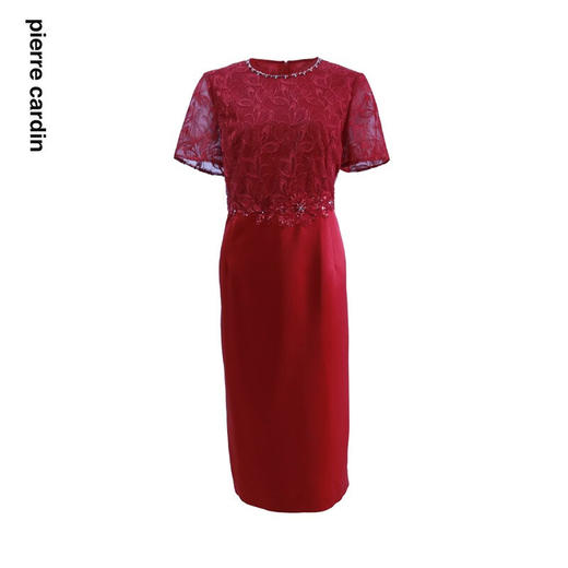皮尔卡丹女装连衣裙夏季新款短袖蕾丝拼接红色包臀裙P3223D3073R0
 商品图2